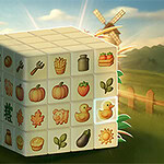 농장 배경에 과일과 채소, 오리, 나무 등 그림이 그려진 3D 큐브