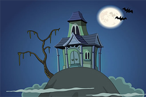 언덕 위에 서 있는 고딕 스타일의 저택과 밤하늘의 보름달, 나무, 박쥐가 함께 나타난 이미지