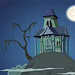 언덕 위에 서 있는 고딕 스타일의 저택과 밤하늘의 보름달, 나무, 박쥐가 함께 나타난 이미지