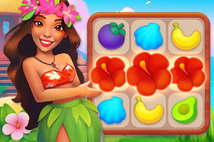 여성이 꽃 장식과 전통 의상을 입고 서 있으며, 옆에는 과일과 꽃으로 채워진 퍼즐 보드가 있다