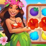 여성이 꽃 장식과 전통 의상을 입고 서 있으며, 옆에는 과일과 꽃으로 채워진 퍼즐 보드가 있다