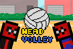 픽셀 스타일의 배경에서 두 캐릭터가 큰 공을 사이에 두고 있는 모습과 HEAD VOLLEY라는 글자가 있다