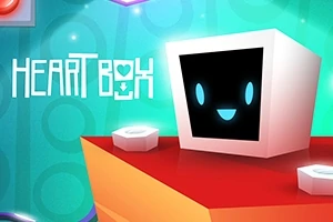 얼굴이 있는 하얀 큐브가 빨간 플랫폼 위에 있으며, 왼쪽 상단에 HEART BOX라는 글자가 쓰여 있다