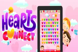 분홍색 하트 배경에 알록달록한 하트 아이콘들이 있는 모바일 게임 화면과 HEARTS CONNECT라는 글자가 장식된 이미지