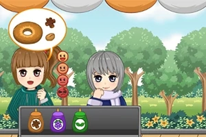 두 명의 만화 캐릭터가 카운터에 서 있으며 한 명은 도넛을 원하며 뒤에 나무가 있는 풍경