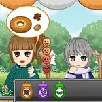 두 명의 만화 캐릭터가 카운터에 서 있으며 한 명은 도넛을 원하며 뒤에 나무가 있는 풍경