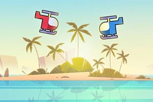 해변과 야자수 배경 앞에 떠 있는 빨간색과 파란색 헬리콥터