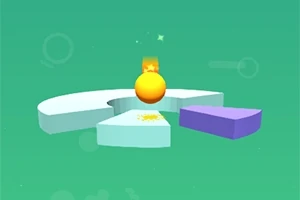 녹색 배경 위에 노란 공이 하얀 플랫폼 위를 이동하고 있는 모습