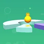 녹색 배경 위에 노란 공이 하얀 플랫폼 위를 이동하고 있는 모습