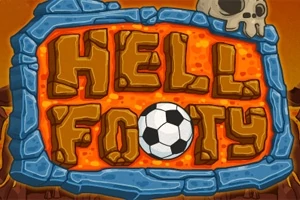 뜨거운 용암 배경 위에 해골과 축구공이 있는 돌로 된 간판