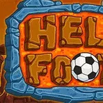 뜨거운 용암 배경 위에 해골과 축구공이 있는 돌로 된 간판