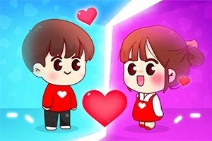 얼굴에 하트를 가진 남자아이와 여자아이가 서로 마주 보고 서 있는 귀여운 일러스트