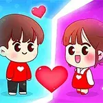 얼굴에 하트를 가진 남자아이와 여자아이가 서로 마주 보고 서 있는 귀여운 일러스트