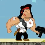 근육질의 남자가 흰 민소매 셔츠와 붉은 머리띠를 착용하고 총을 들고 있는 모습