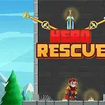 푸른 하늘과 산을 배경으로 검을 든 기사와 HERO RESCUE라는 텍스트가 있는 이미지