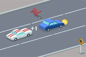 도로에서 파란색과 흰색 자동차가 주행하고 있으며, 빨간색 장애물이 도로에 있고 노란색 코인이 있습니다