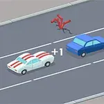 도로에서 파란색과 흰색 자동차가 주행하고 있으며, 빨간색 장애물이 도로에 있고 노란색 코인이 있습니다