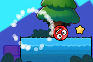 웃는 빨간 공이 물 위를 굴러가며 노란 별을 향해 가는 장면