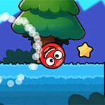 웃는 빨간 공이 물 위를 굴러가며 노란 별을 향해 가는 장면