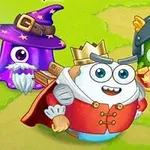 세 가지 귀여운 캐릭터가 왕관을 쓴 왕, 기사 투구를 쓴 녹색 캐릭터, 마법사 모자를 쓴 보라색 캐릭터 형태로 묘사되어 있다