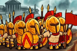 노란색 갑옷과 붉은 깃발을 든 병사들이 행진하고 있는 모습