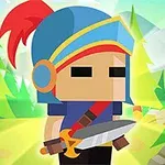 숲 속에서 파란 투구와 검을 든 귀여운 검사가 서 있는 모습