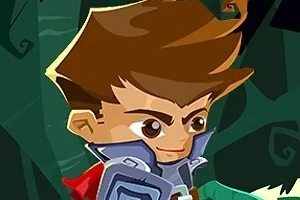 짙은 갈색 머리를 가진 캐릭터가 갑옷을 입고 숲 배경에서 눈을 빛내고 있는 모습