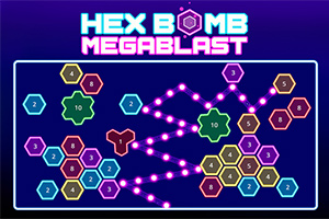 다양한 숫자가 적힌 다채로운 육각형 모양들이 배열되어 있고, 상단에 HEX BOMB MEGABLAST라는 텍스트가 있는 이미지