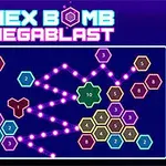 다양한 숫자가 적힌 다채로운 육각형 모양들이 배열되어 있고, 상단에 HEX BOMB MEGABLAST라는 텍스트가 있는 이미지