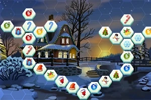 눈 덮인 겨울 밤, 크리스마스 장식이 있는 오두막과 육각형 타일에 그려진 다양한 겨울 이미지