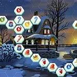 눈 덮인 겨울 밤, 크리스마스 장식이 있는 오두막과 육각형 타일에 그려진 다양한 겨울 이미지