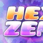 보라색과 주황색의 입체적인 글자로 HEX ZEN이라는 텍스트가 중앙에 배치된 이미지