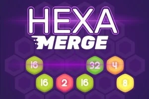 보라색 배경에 HEXA MERGE라는 글자가 있고, 여러 색상의 육각형에 숫자 16, 32, 4, 8, 2가 표시되어 있음