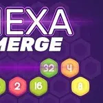 보라색 배경에 HEXA MERGE라는 글자가 있고, 여러 색상의 육각형에 숫자 16, 32, 4, 8, 2가 표시되어 있음