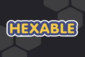 어두운 육각형 배경 위에 노란색과 파란색으로 HEXABLE이라는 텍스트가 있는 이미지