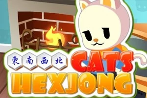 고양이 캐릭터가 벽난로가 있는 방에 있는 모습과 CATS HEXJONG 텍스트