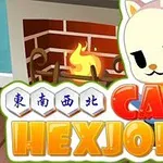 고양이 캐릭터가 벽난로가 있는 방에 있는 모습과 CATS HEXJONG 텍스트