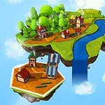 하늘에 떠 있는 작은 섬에는 강이 흐르고 주변에 나무와 집들이 있으며, 앞쪽에는 분리된 작은 땅에 두 개의 집이 위치해 있는 모습입니다