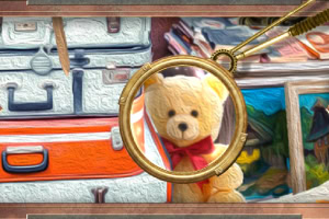 확대경을 통해 보이는 빨간 리본의 곰 인형과 여러 개의 여행 가방