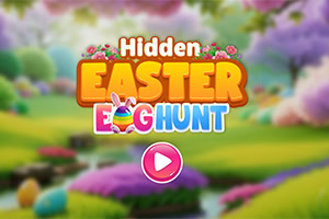 알록달록한 계란과 함께 Hidden Easter Egg Hunt라는 제목이 중앙에 있는 봄 풍경 배경
