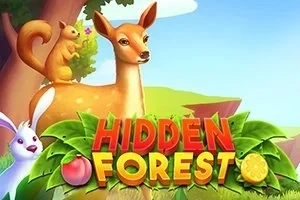 사슴과 다람쥐, 토끼가 있는 숲의 배경에 HIDDEN FOREST라는 글자가 나뭇잎에 둘러싸여 있는 장면