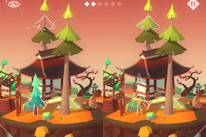 오렌지빛 하늘 아래 나무와 작은 건물이 있는 대칭된 풍경