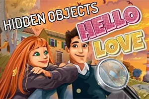 붉은 머리 여성이 남자의 어깨에 기대어 있는 일러스트와 HIDDEN OBJECTS 및 HELLO LOVE라는 글자가 있는 이미지