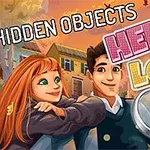 붉은 머리 여성이 남자의 어깨에 기대어 있는 일러스트와 HIDDEN OBJECTS 및 HELLO LOVE라는 글자가 있는 이미지