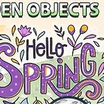 핑크색 머리를 가진 여성이 꽃과 함께 있는 헬로 스프링이라는 화려한 글씨가 있는 이미지