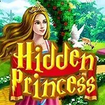 정원에 서 있는 왕관을 쓴 공주와 조각상, 새, 그리고 배경의 성이 어우러진 장면