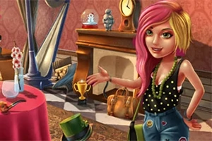 분홍색과 노란색 머리를 가진 여성이 벽난로가 있는 방에서 미소를 지으며 서 있는 모습