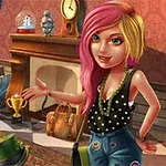 분홍색과 노란색 머리를 가진 여성이 벽난로가 있는 방에서 미소를 지으며 서 있는 모습