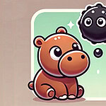 귀여운 갈색 하마 캐릭터와 떠다니는 까만 공 모양의 생물