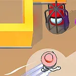 핑크색 모자를 쓴 캐릭터가 감옥에 갇힌 빨간색과 보라색 모자를 쓴 캐릭터들 근처를 지나고 있다